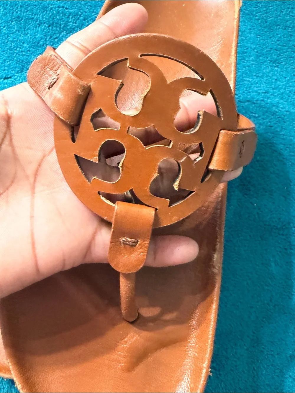 Tory Burch Cognac Leather Logo Thong Sandals